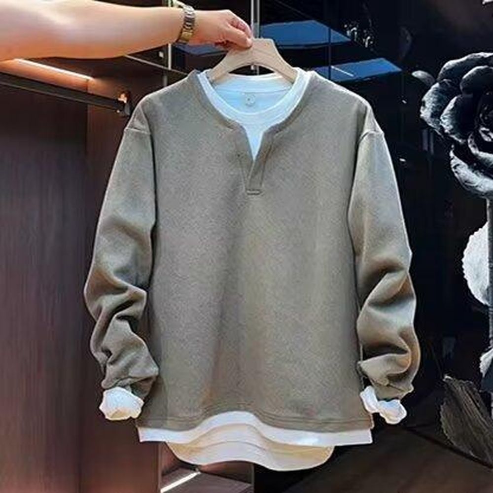Solid Color V-neck Sweatshirt for Men Simple Casual Top Hoodie